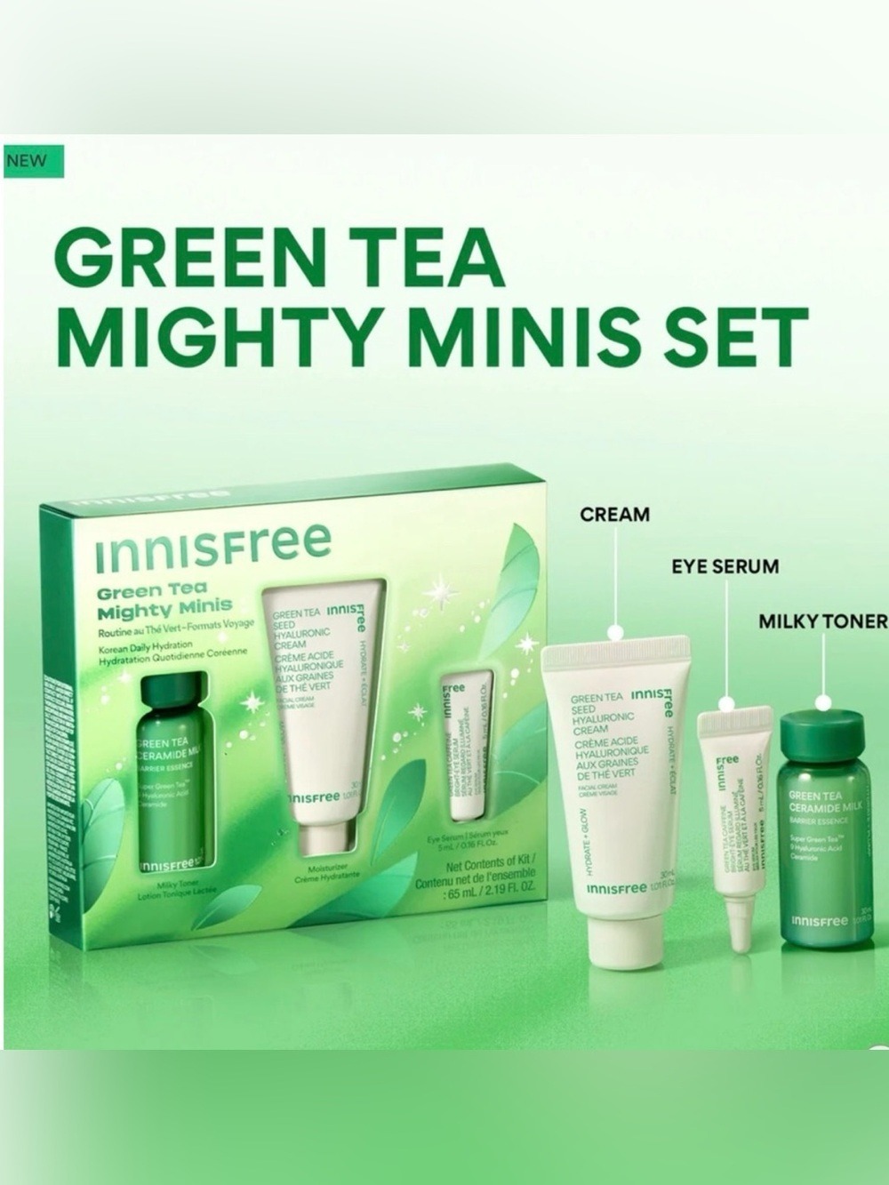 Innisfree Green Tea Mighty Minis Milky Toner Moisturizer Eye Serum Gift Set NWT